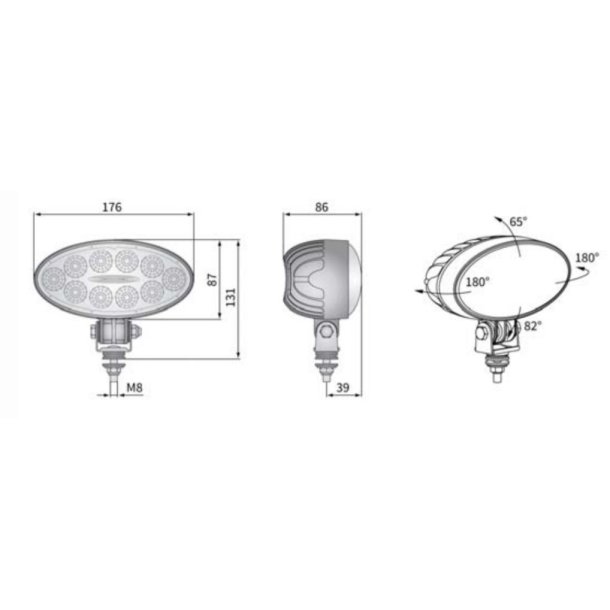 5500 Lumens oval LED arbejdslampe, 12/24v, Deutch