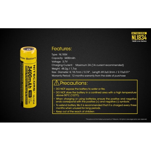 Genopladeligt batteri, 18650-type, 3400 mAh. (HC60V2)