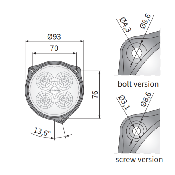 LED arbejdslampe, 35 gr, IP68, 1500 Lumen 12/24V til indbygning
