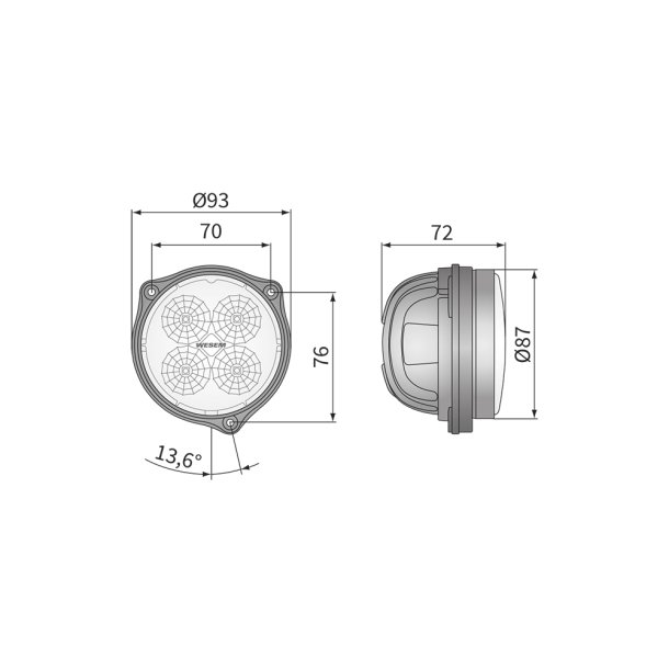 LED arbejdslampe, 35 gr, IP68, 1500 Lumen 12/24V til indbygning (DT)
