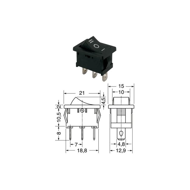Vippekontakt On/Off/On 12V, 16A 21x15x20,5mm