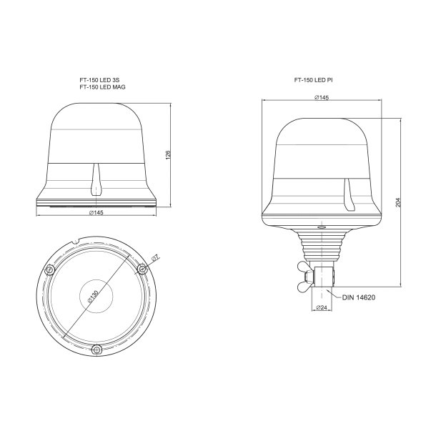 Gult LED blink, hjt glas, stangmonteret, 12/24V, ECE-R65