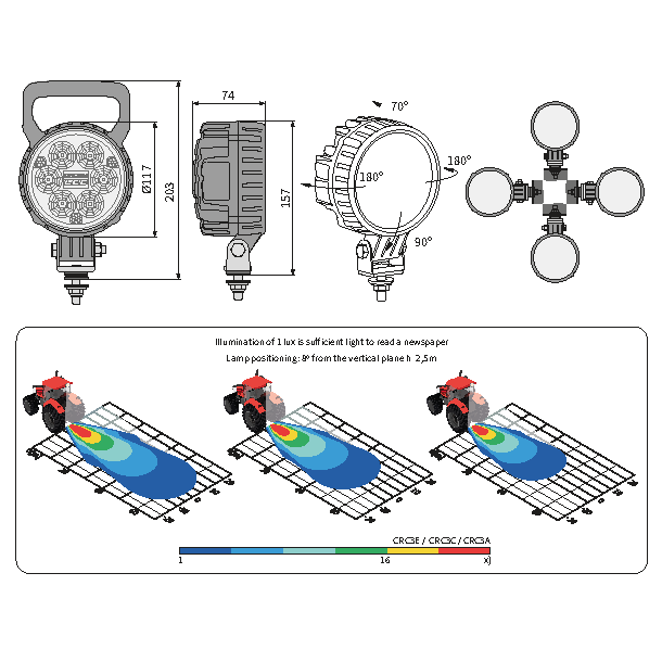 Arbejdslampe, 2500 lm, Rund m/linse-beskytter, DT-connector
