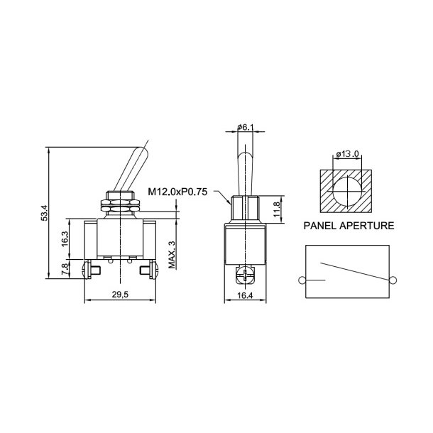 Vippekontakt On/Off 12V, 25A 29,5 x 16,5 x 55 mm