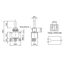Vippekontakt med returfjedring.(On)-Off-(On) 12V, 25A 29,5 x 16,5 x 55 mm