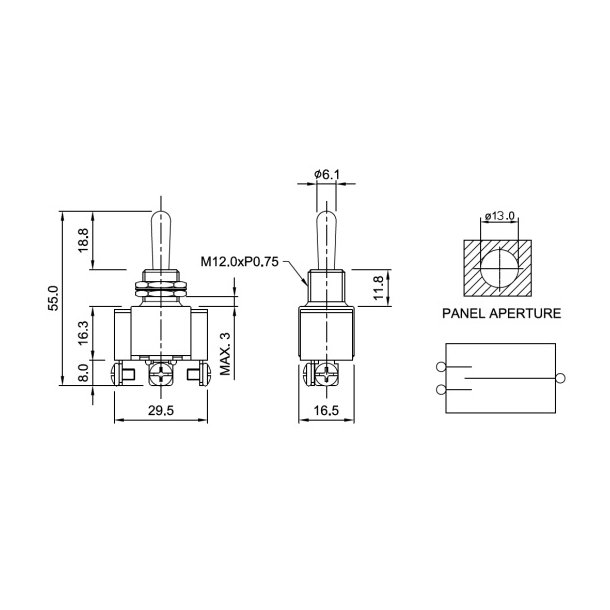 Vippekontakt med returfjedring.(On)-Off-(On) 12V, 25A 29,5 x 16,5 x 55 mm