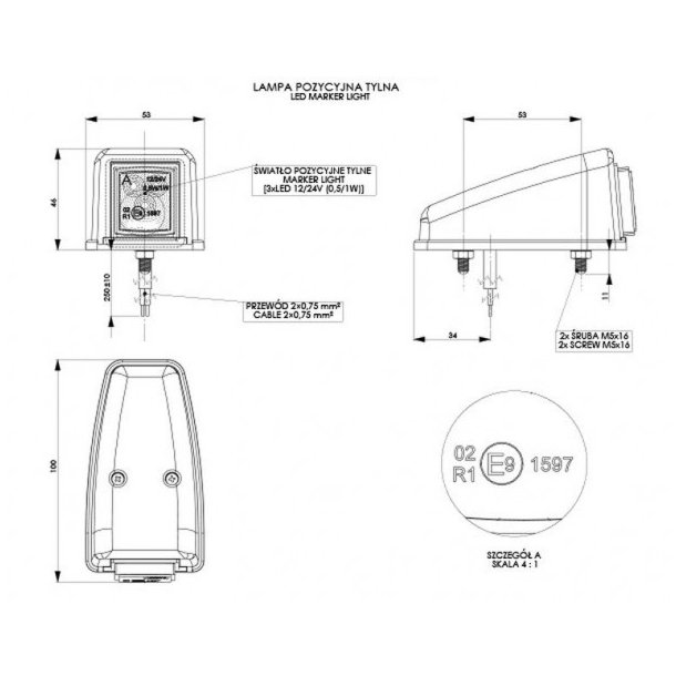 Toplys, gul, led, 12/24v, universal